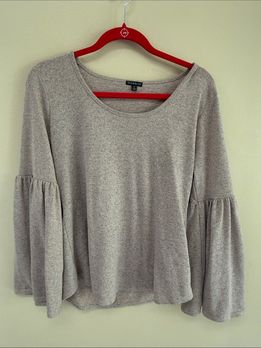 Hannah Gray/Soft Pink overlay Mix Bell Sleeve Scoop Neck Top SzM